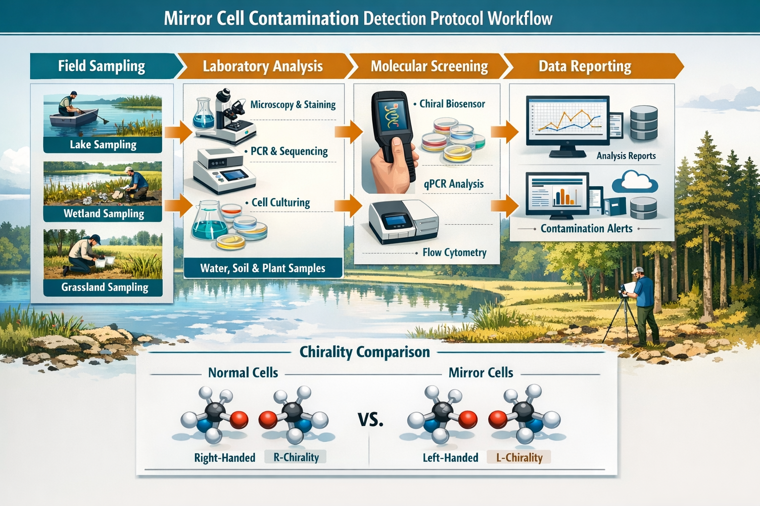 () comprehensive infographic-style image displaying detection protocol workflow for mirror cell contamination. Visual shows