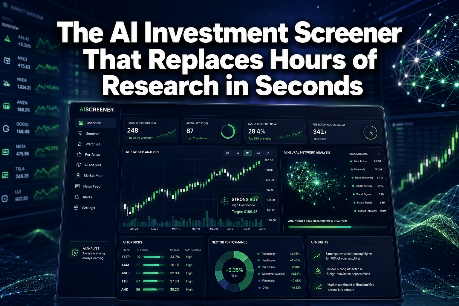 Professional () hero image with : 'The AI Investment Screener That Replaces Hours of Research in Seconds' in extra large