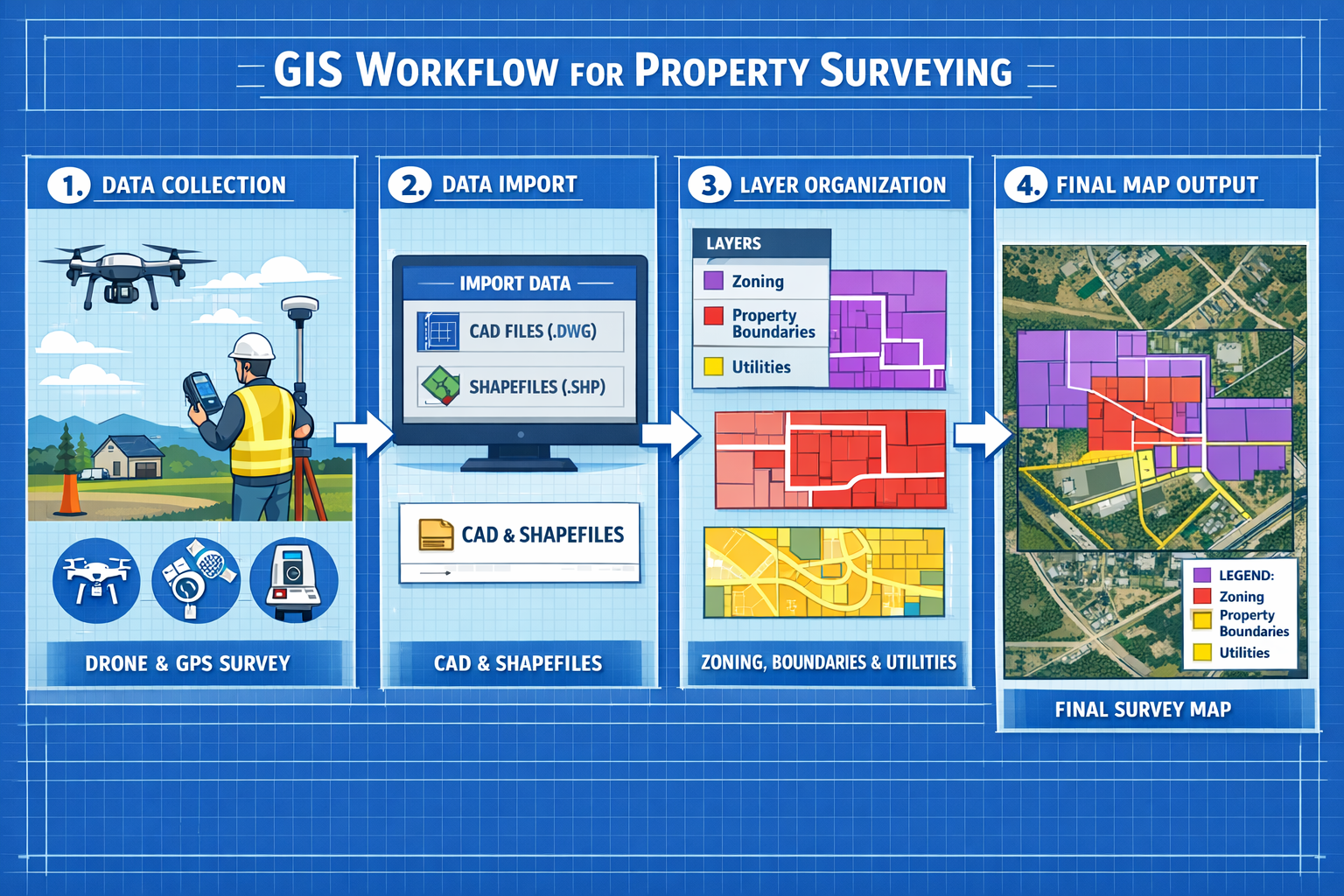 Detailed landscape format (1536x1024) illustration showing step-by-step GIS setup workflow for property surveying with numbered panels (1-4)