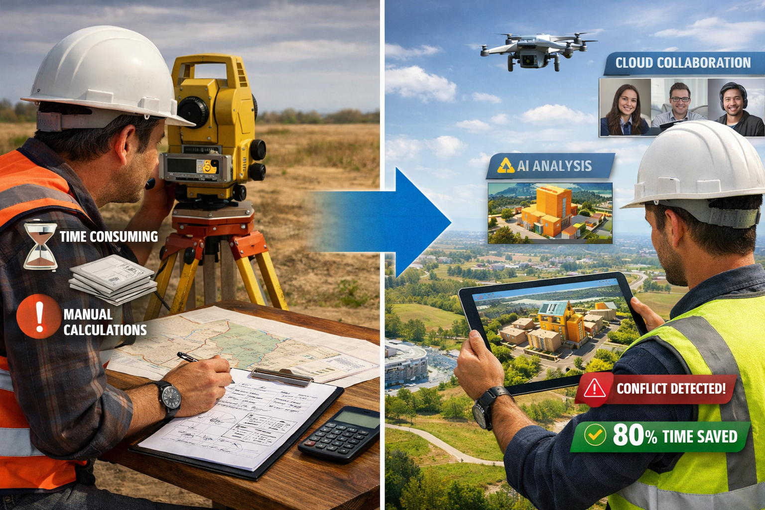 Detailed landscape format (1536x1024) split-screen comparison showing traditional surveying methods versus GIS-integrated approach for land