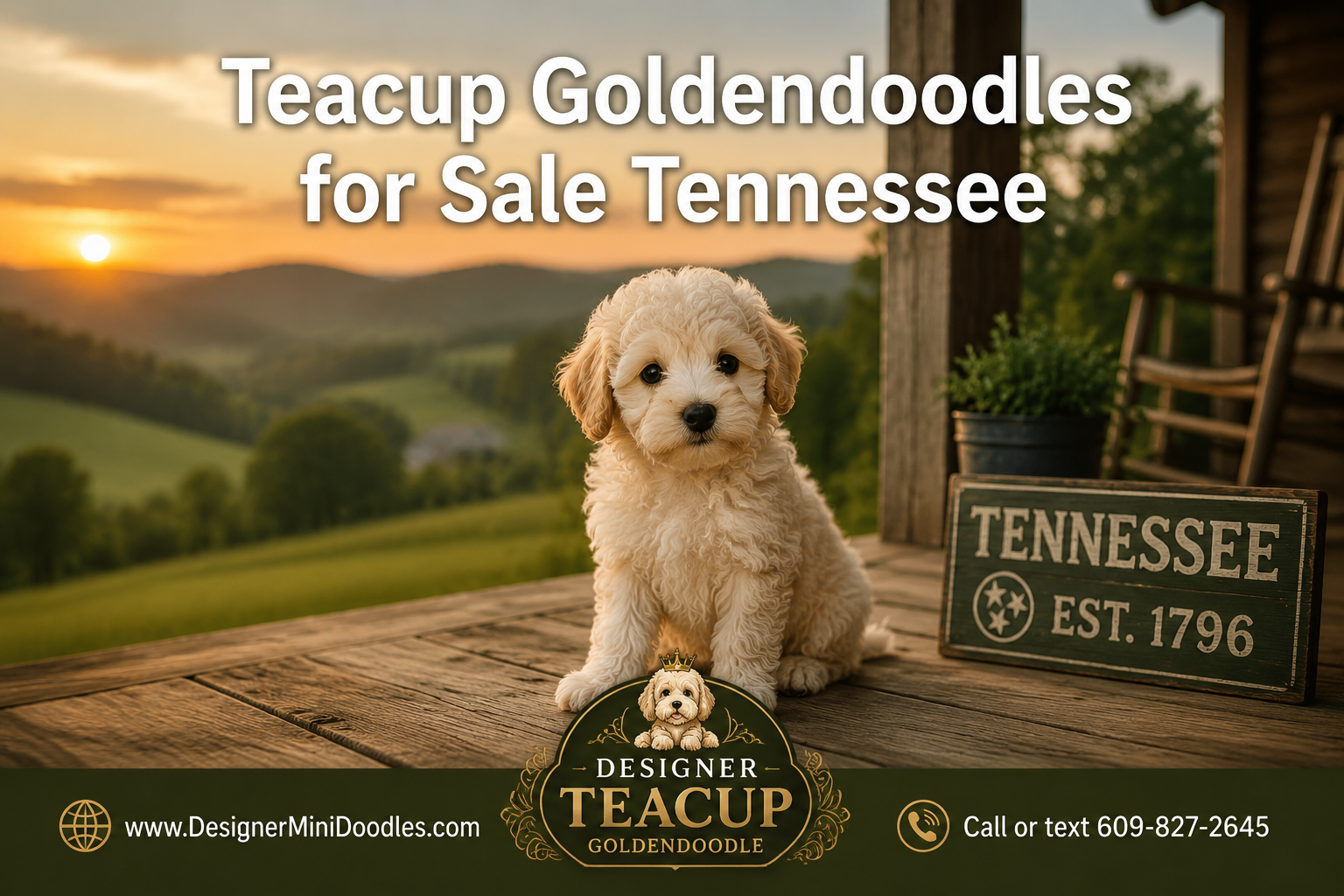 Professional () hero image with 'Teacup Goldendoodles for Sale Tennessee' in white with subtle drop , centered upper third.