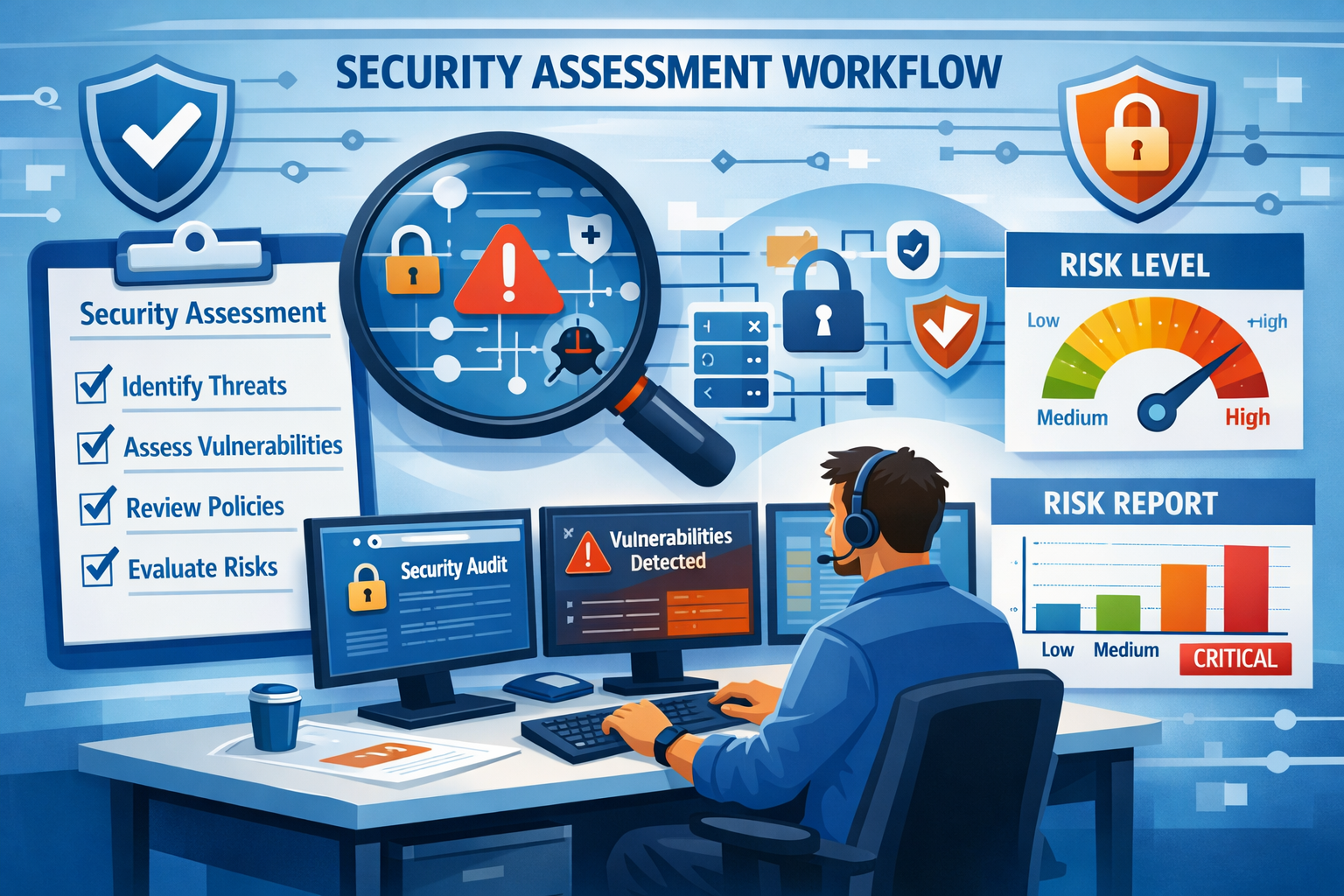 Landscape format (1536x1024) illustration showing security assessment workflow with checklist items, magnifying glass examining network vuln