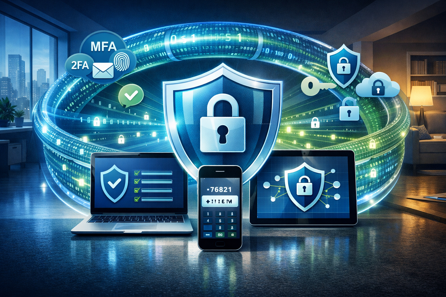 Landscape format (1536x1024) visual showing endpoint security management across multiple device types - laptops, smartphones, tablets arrang