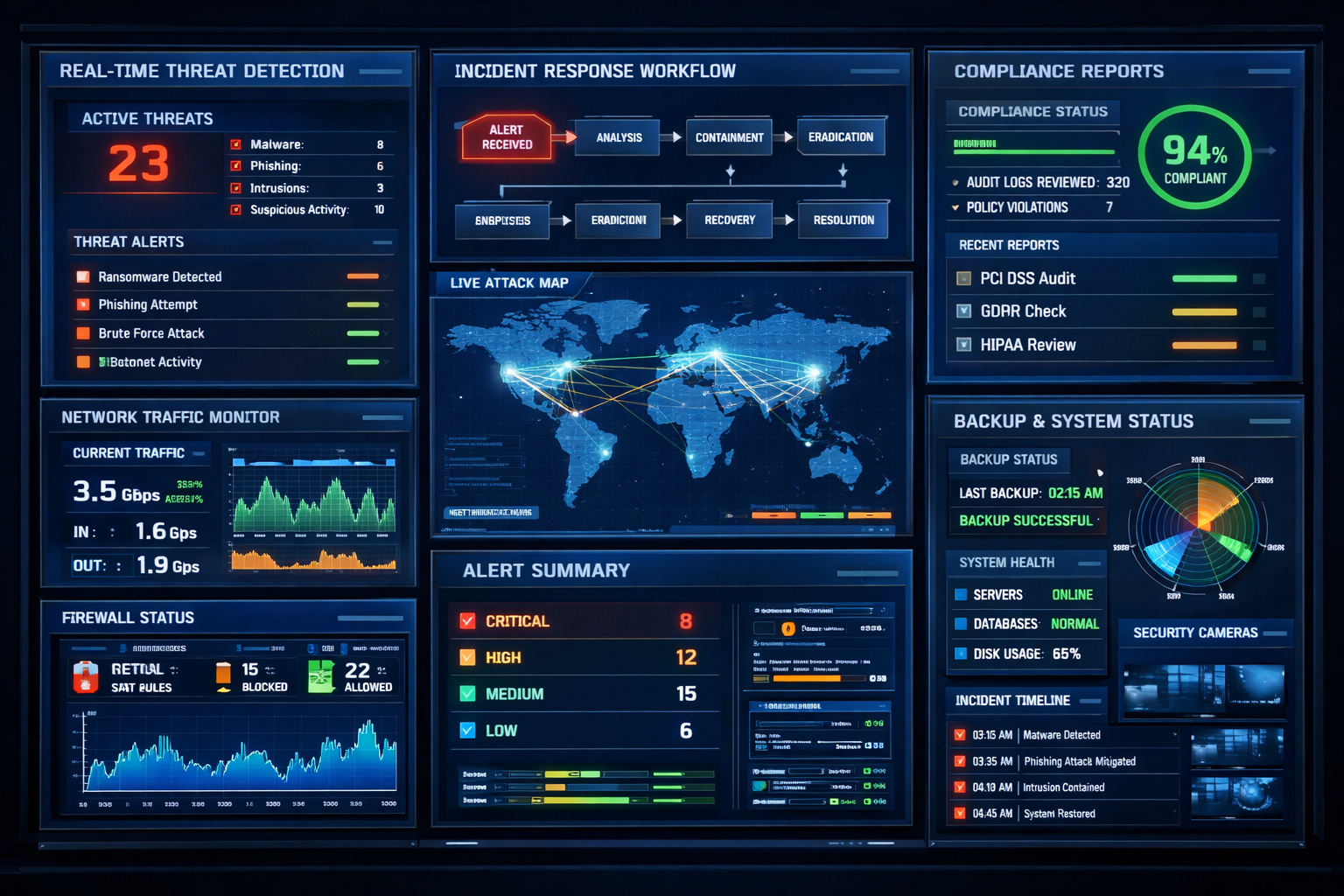 Landscape format (1536x1024) comprehensive security monitoring dashboard display showing real-time threat detection, incident response workf