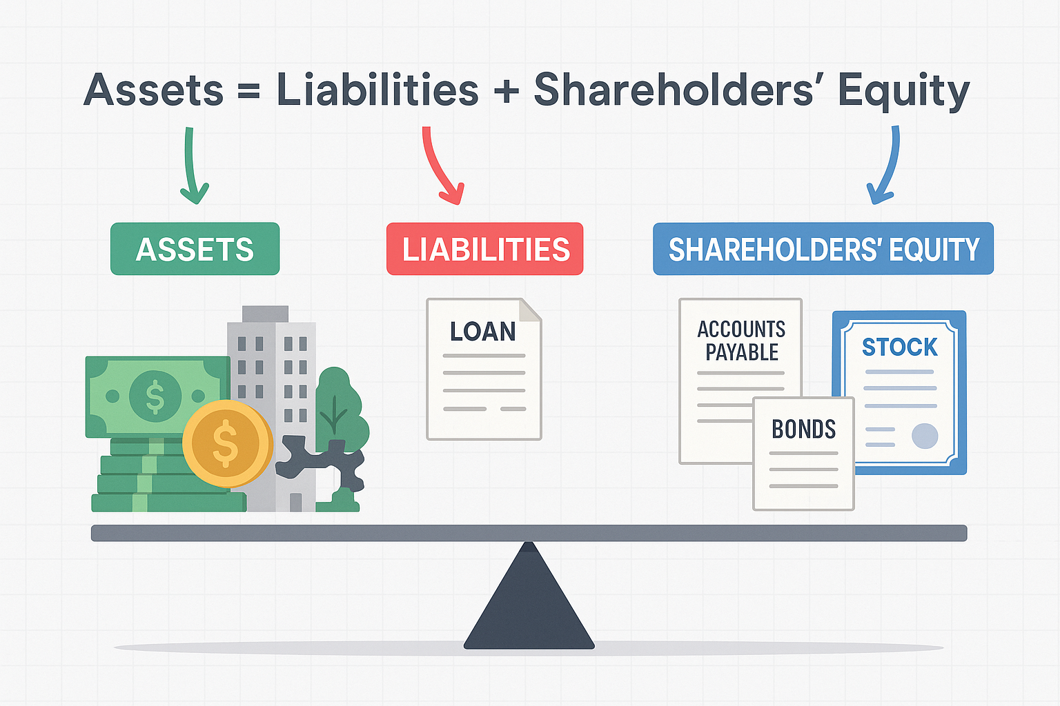 Detailed landscape infographic (1536x1024) showing the fundamental accounting equation 'Assets = Liabilities + Shareholders' Equity' as a ba