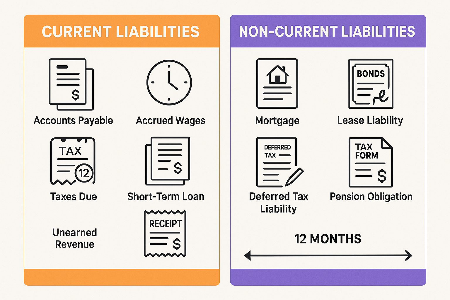 Comprehensive landscape chart (1536x1024) comparing current liabilities versus non-current liabilities in two distinct columns. Left column 
