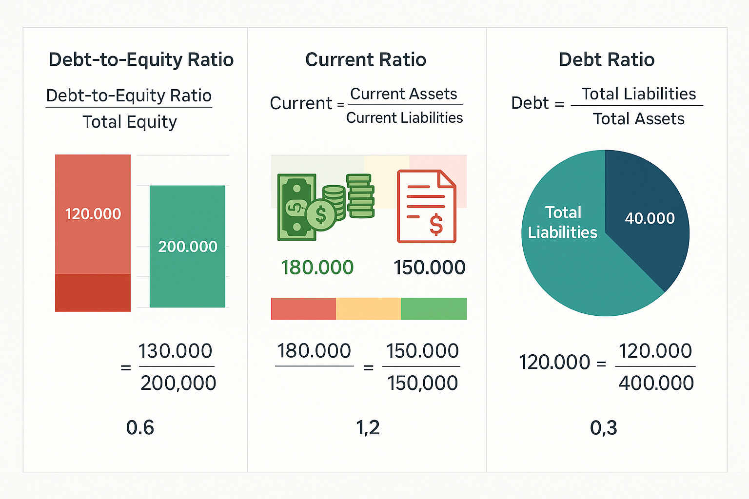 Interactive landscape visualization (1536x1024) displaying key financial ratios for analyzing liabilities: debt-to-equity ratio shown as sta
