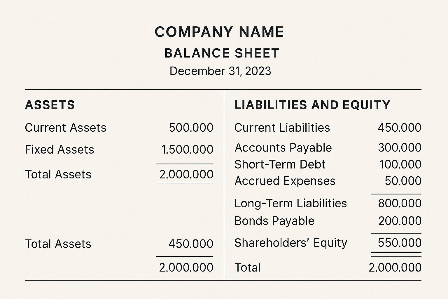 Detailed landscape flowchart (1536x1024) showing how liabilities appear on a corporate balance sheet with actual example numbers. Top sectio