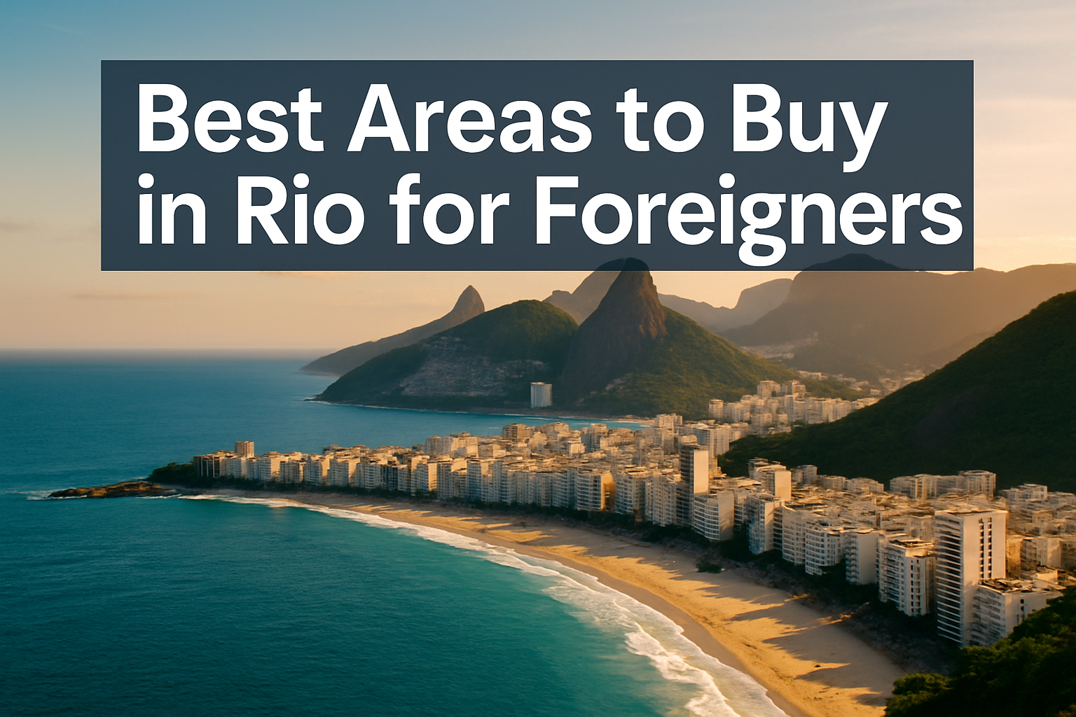 Professional landscape hero image (1536x1024) featuring bold text overlay 'Best Areas to Buy in Rio for Foreigners' in extra large 72pt whit