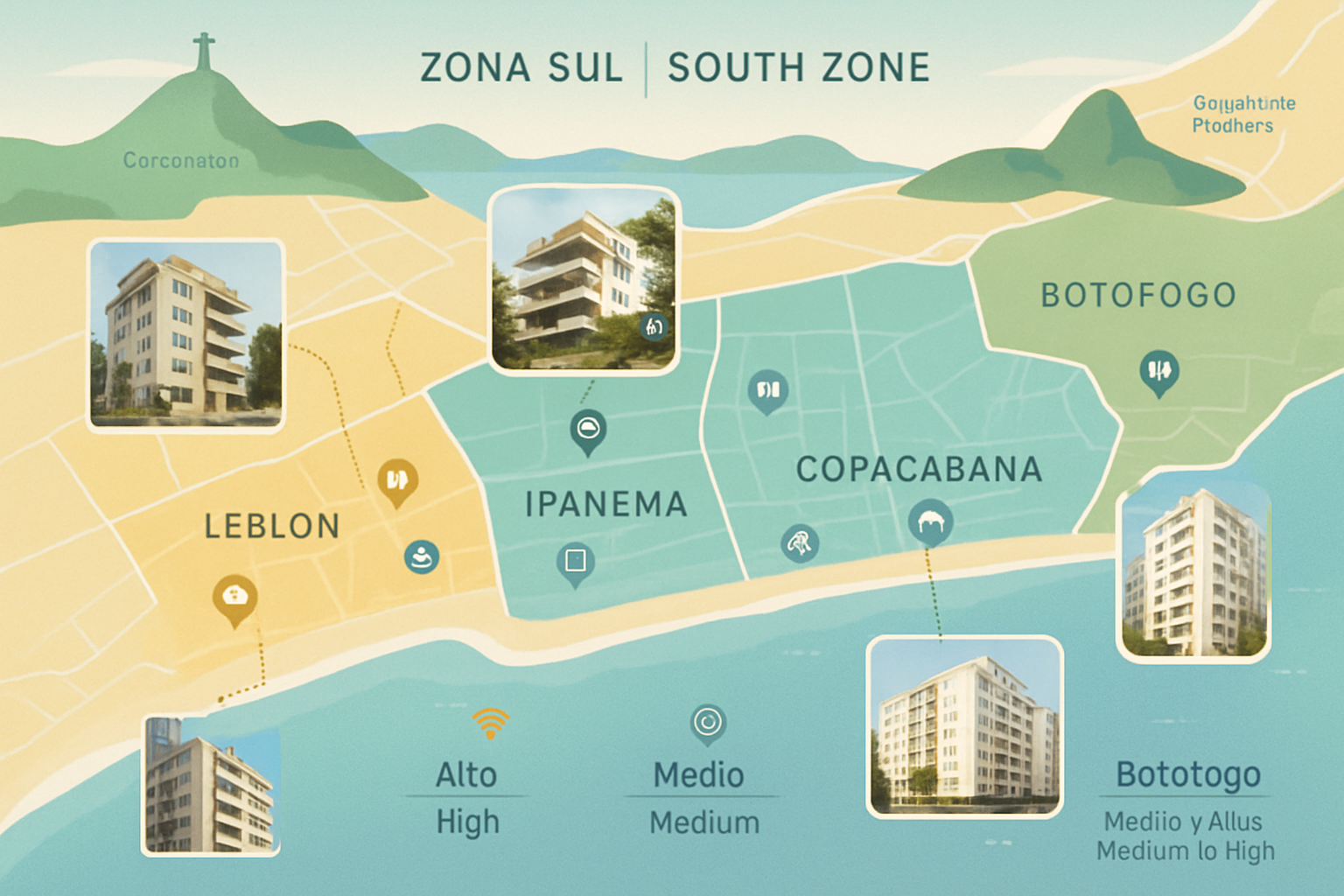 Detailed landscape illustration (1536x1024) showing an annotated map of Rio de Janeiro's South Zone neighborhoods including Ipanema, Leblon,