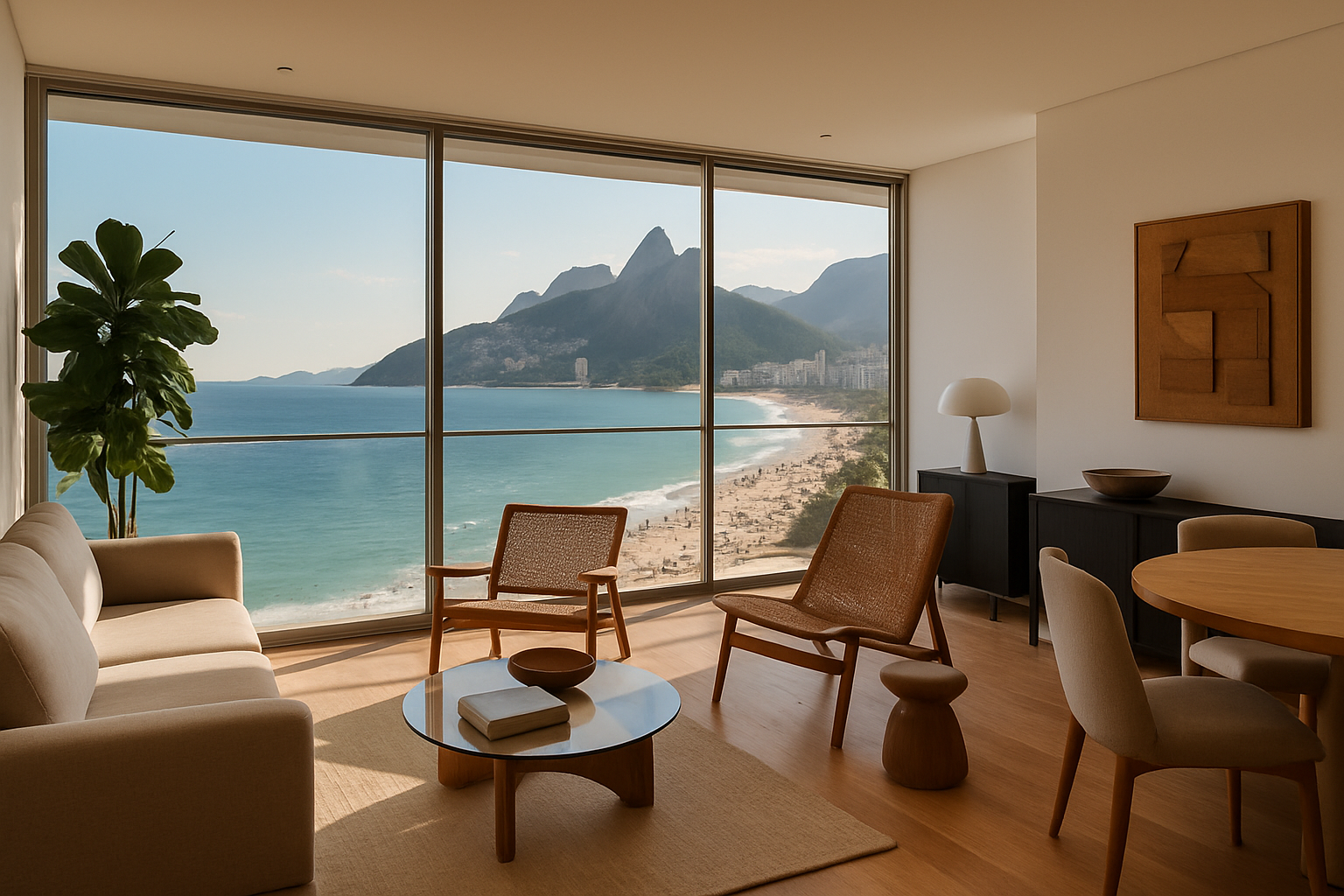 Detailed landscape photograph (1536x1024) of a modern luxury apartment interior in Rio de Janeiro with floor-to-ceiling windows showcasing b