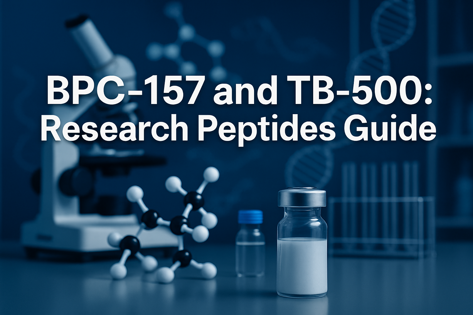 Professional landscape hero image (1536x1024) featuring bold text overlay 'BPC-157 and TB-500: Research Peptides Guide' in extra large 72pt 