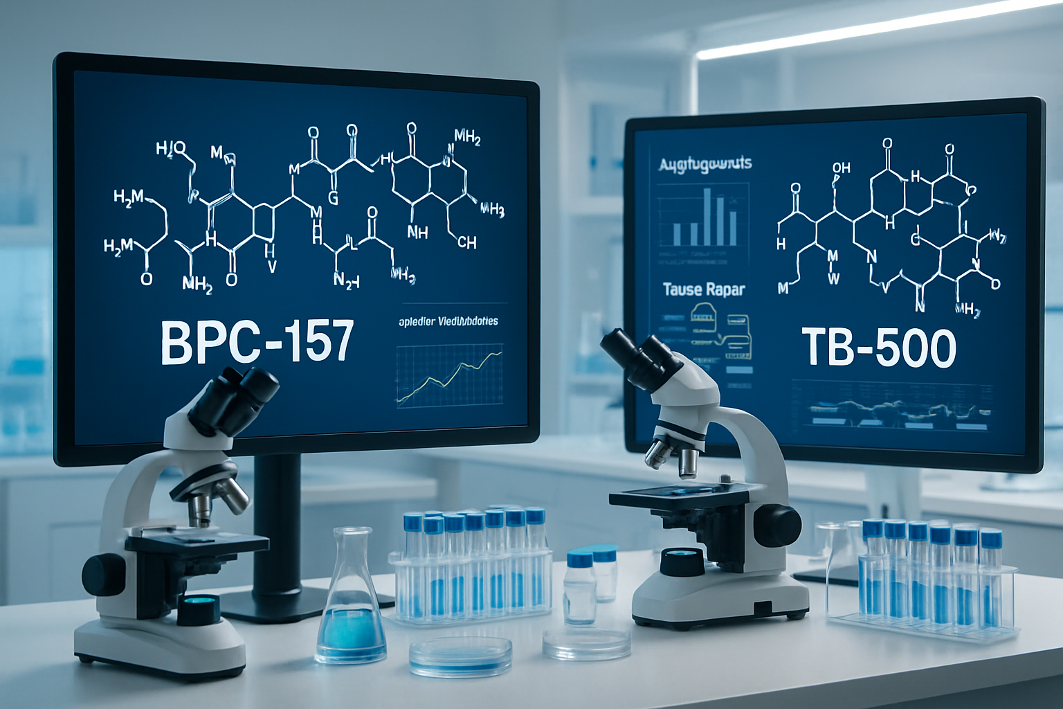 Scientific laboratory scene showing molecular structure diagrams of BPC-157 and TB-500 peptides on digital screens, with research vials, mic