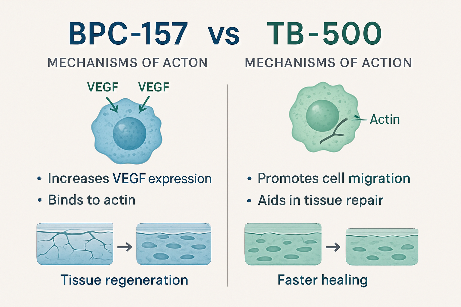 Research comparison infographic displaying BPC-157 vs TB-500 mechanisms of action, with side-by-side cellular illustrations showing VEGF pat
