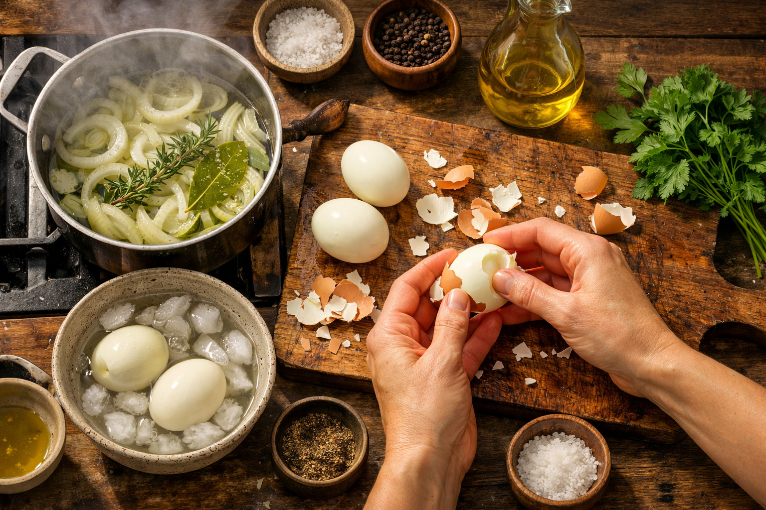 Detailed step-by-step cooking process image showing hands peeling hard-boiled eggs next to a pot with sliced onions and herbs, kitchen count