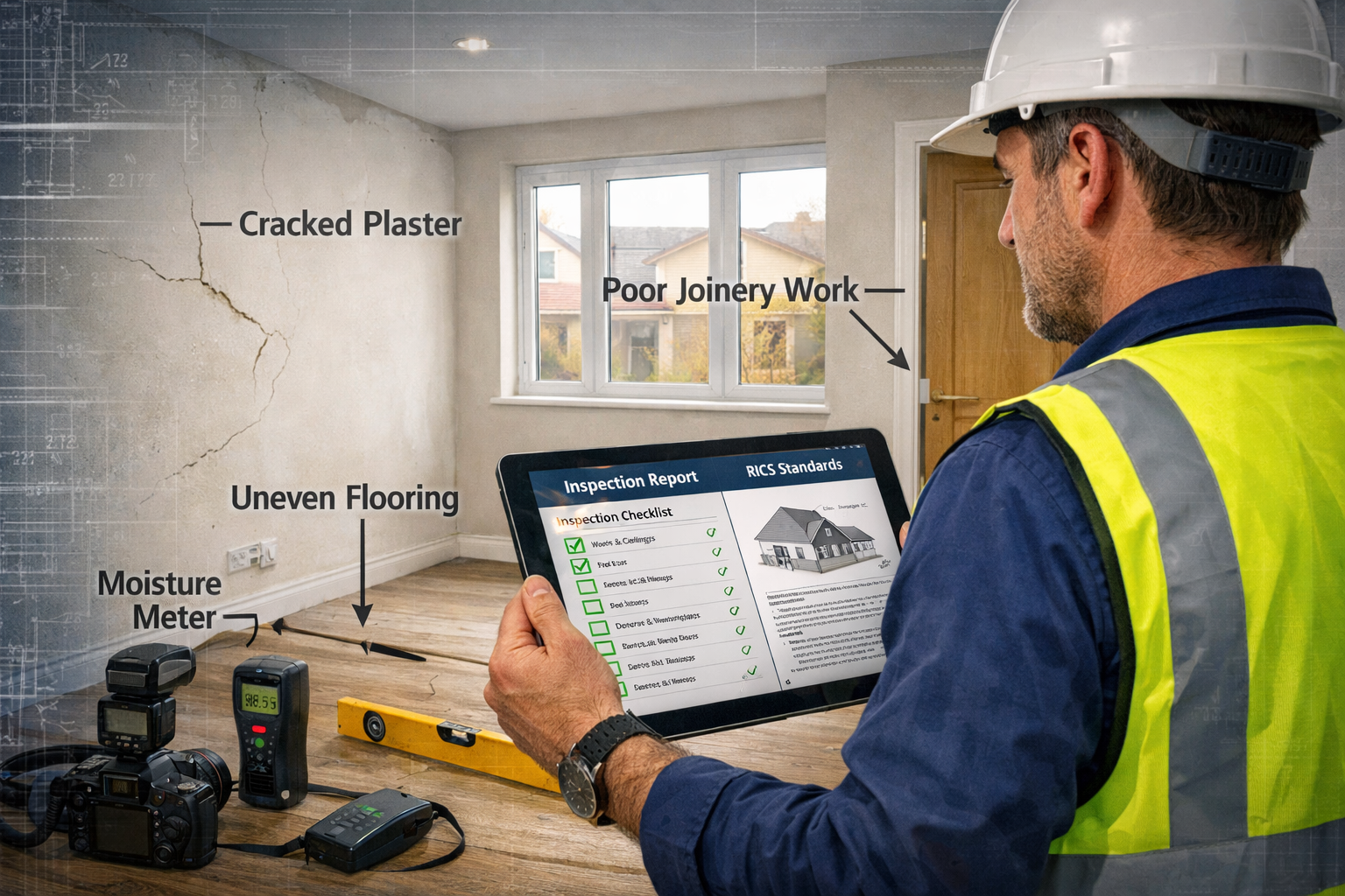 Detailed () illustration showing professional surveyor conducting detailed inspection of new build property interior,