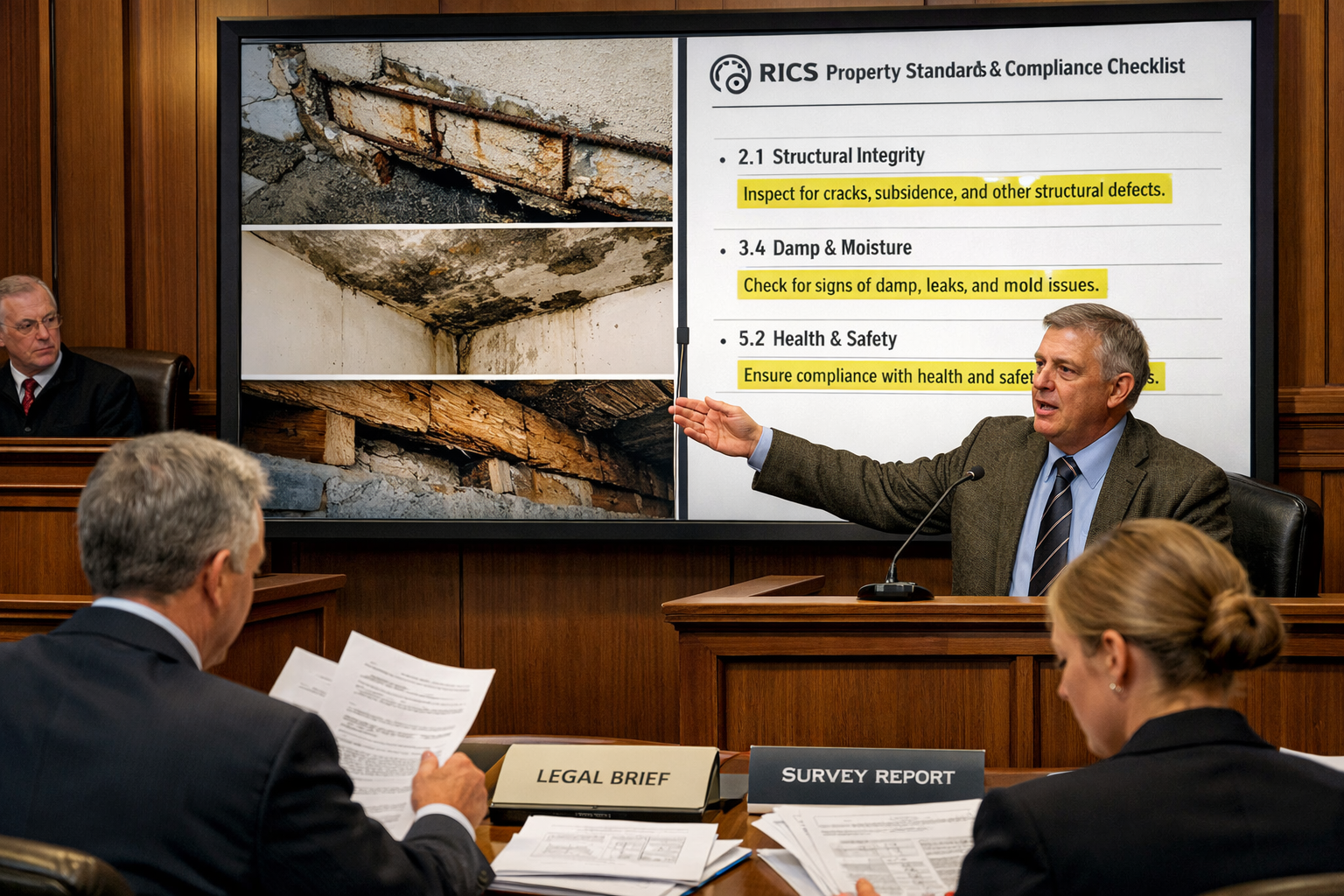 () courtroom scene showing expert witness surveyor presenting evidence at witness stand, with large display screen behind