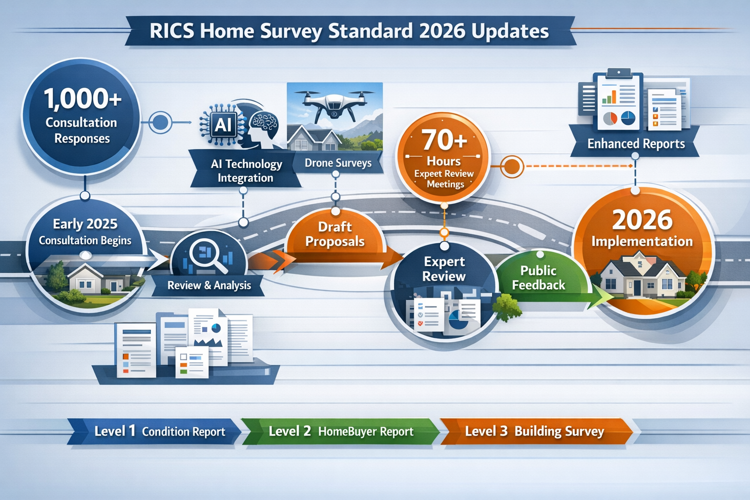 Detailed () infographic-style composition showing timeline and process flow of RICS Home Survey Standard 2026 updates.