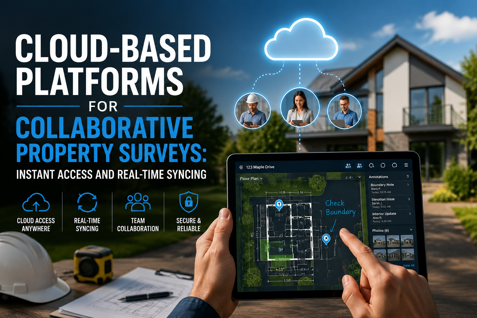 Professional landscape hero image () with : "Cloud-Based Platforms for Collaborative Property Surveys: Instant Access and