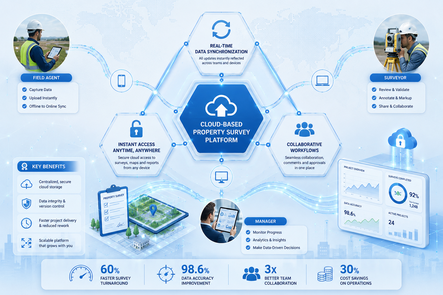 Key Takeaways section infographic visualizing cloud-based property survey platform benefits. Central hexagonal diagram with