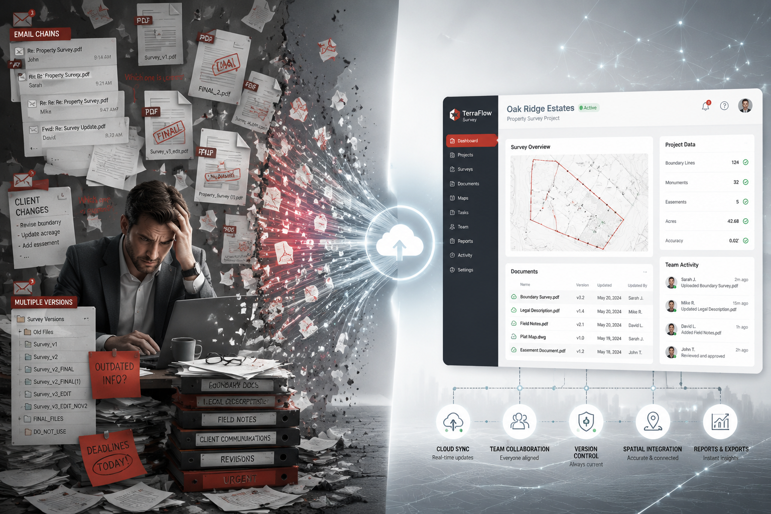 Visualization depicting chaotic traditional property survey communication: Split-screen showing left side cluttered with
