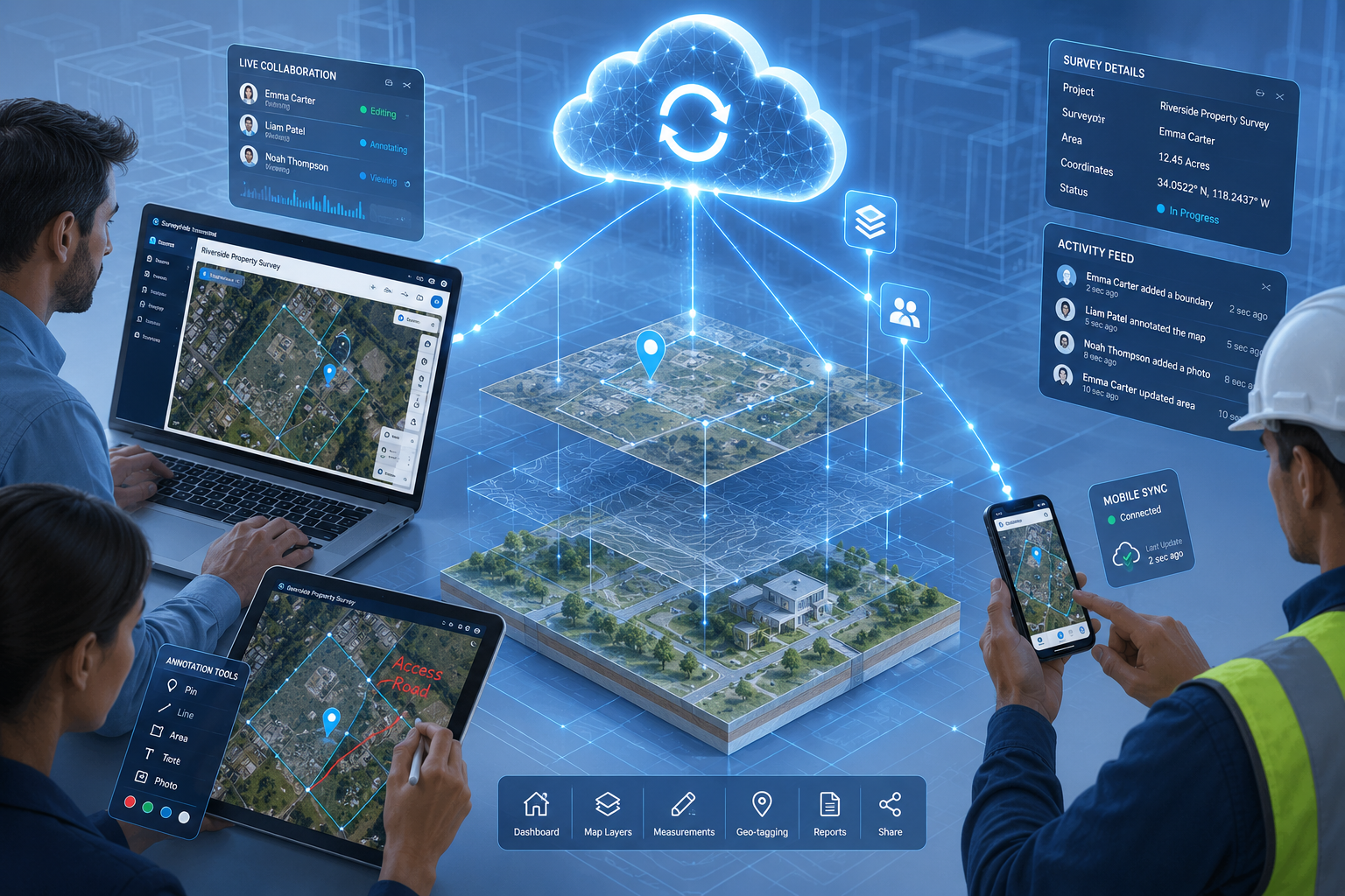 Dynamic cloud-based property survey platform interaction scene. Isometric view showing multiple professionals simultaneously