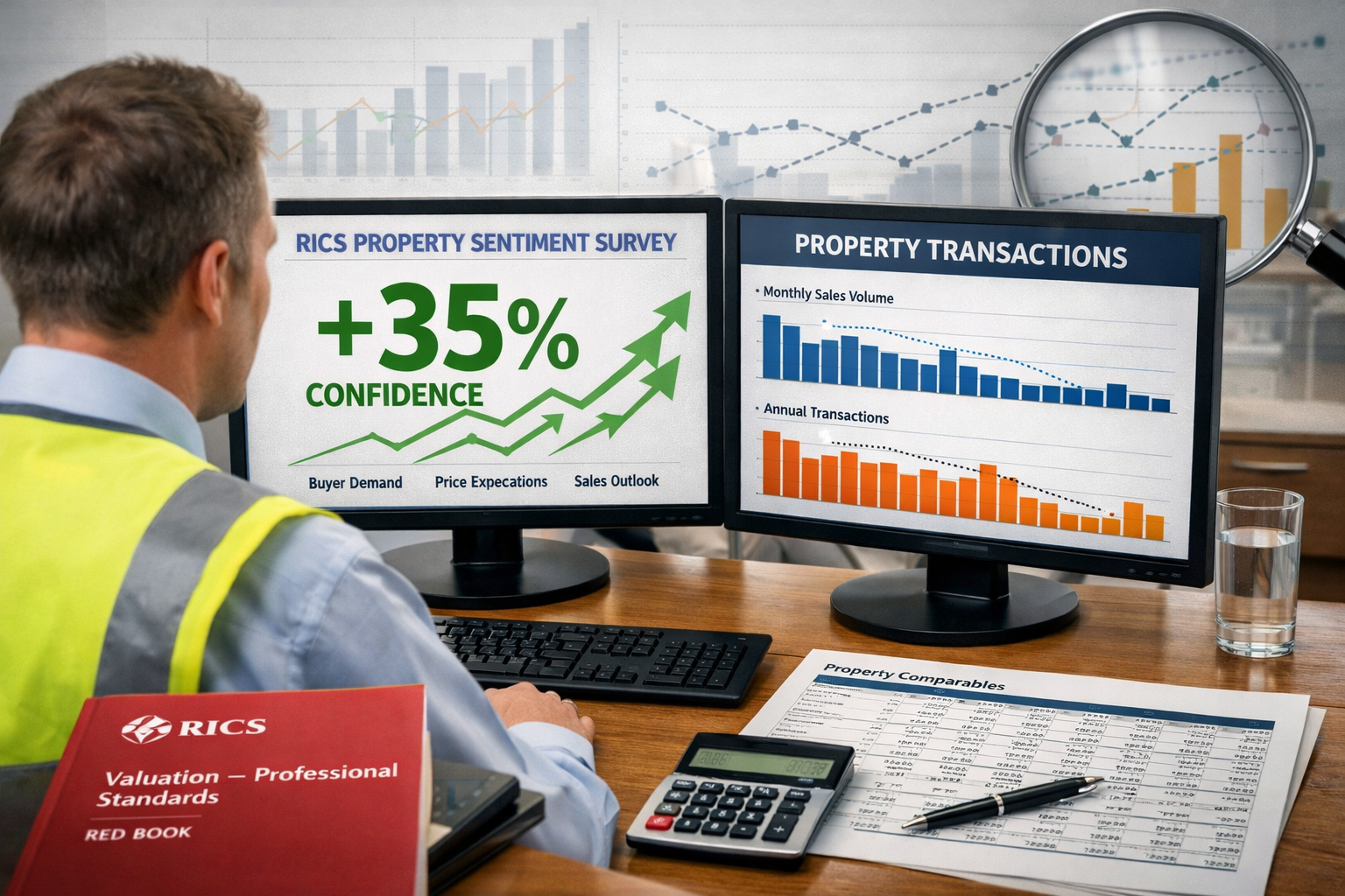 Detailed () editorial image showing professional surveyor at modern desk with dual monitors displaying contrasting data: one