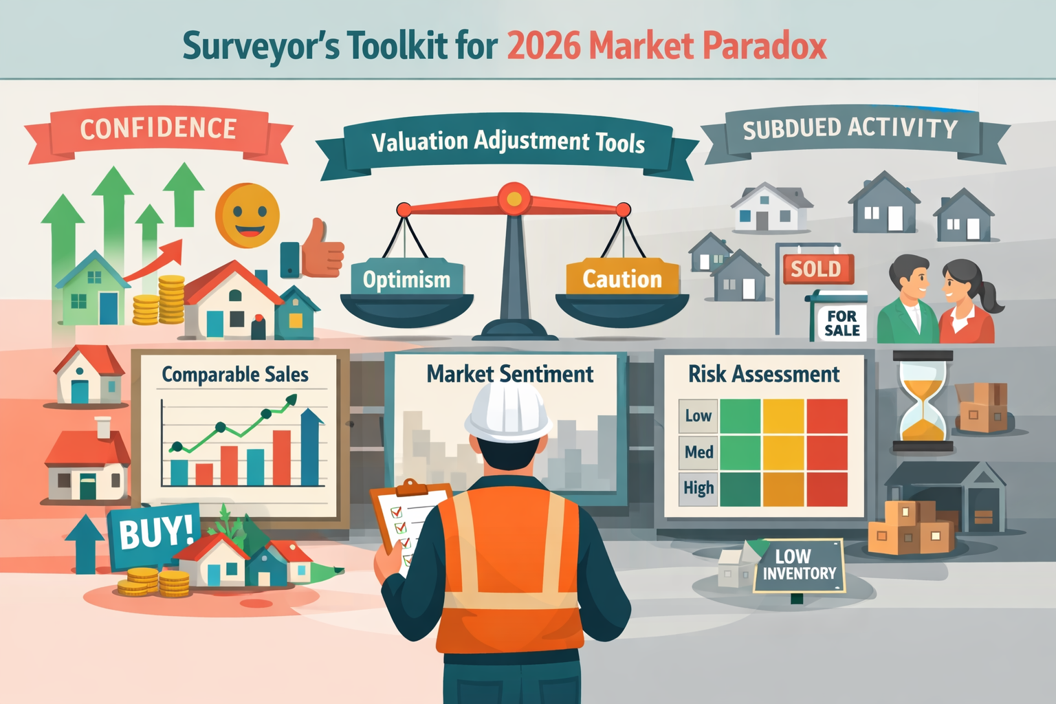 Detailed () conceptual infographic illustration showing surveyor's toolkit for 2026 market paradox: central figure of