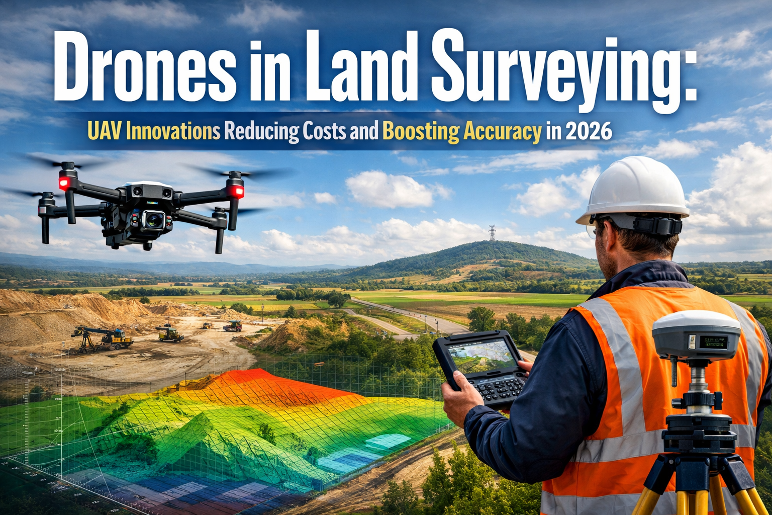 Professional landscape hero image (1536x1024) with bold text overlay: "Drones in Land Surveying: UAV Innovations Reducing Costs and Boosting