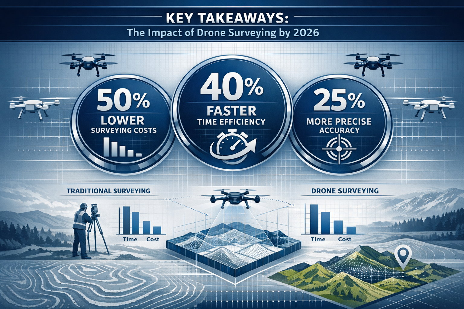 Key Takeaways section infographic visualizing drone surveying technology's impact: Large central graphic showing percentage reductions in su