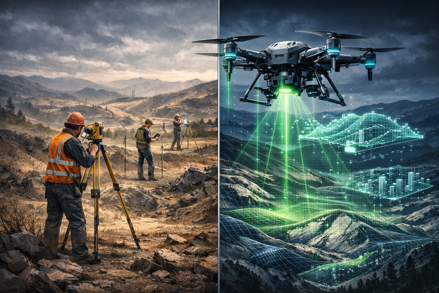 Drone Surveying Revolution visual narrative: Panoramic landscape transitioning from traditional surveying methods (manual workers with tripo