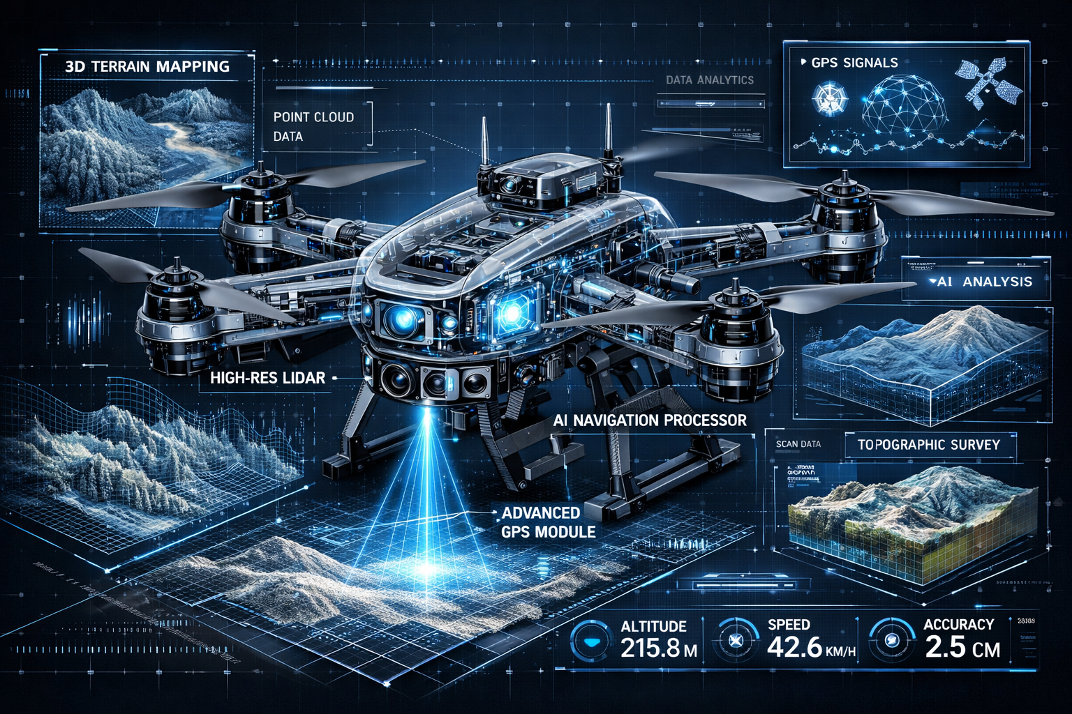 Breakthrough Technologies section visual: Hyper-detailed cutaway diagram of advanced survey drone platform, revealing internal sensor techno