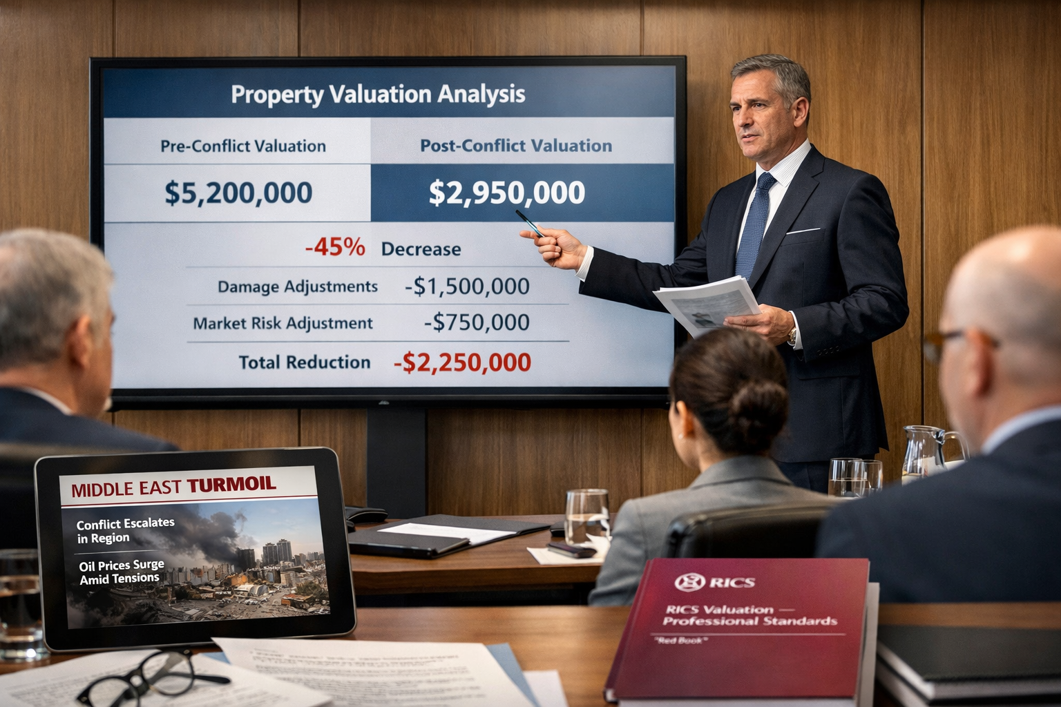 Detailed () conceptual illustration depicting expert witness testimony scenario in modern arbitration setting: professional