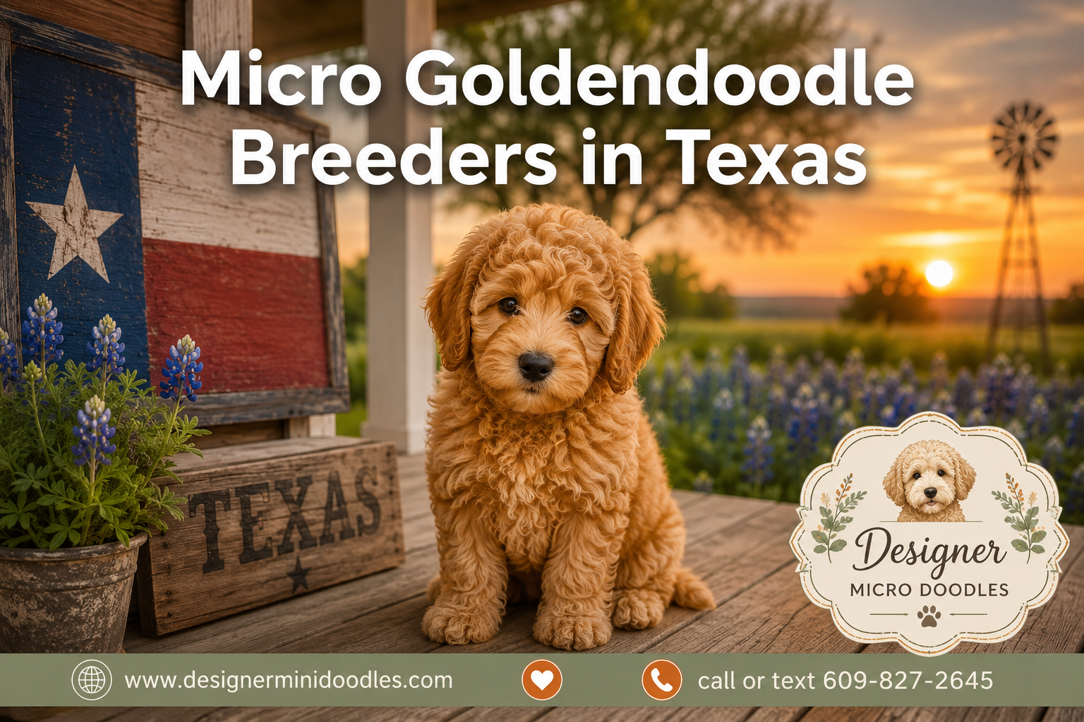 Professional () hero image with : 'Micro Goldendoodle Breeders in Texas' in white with subtle drop , centered in upper
