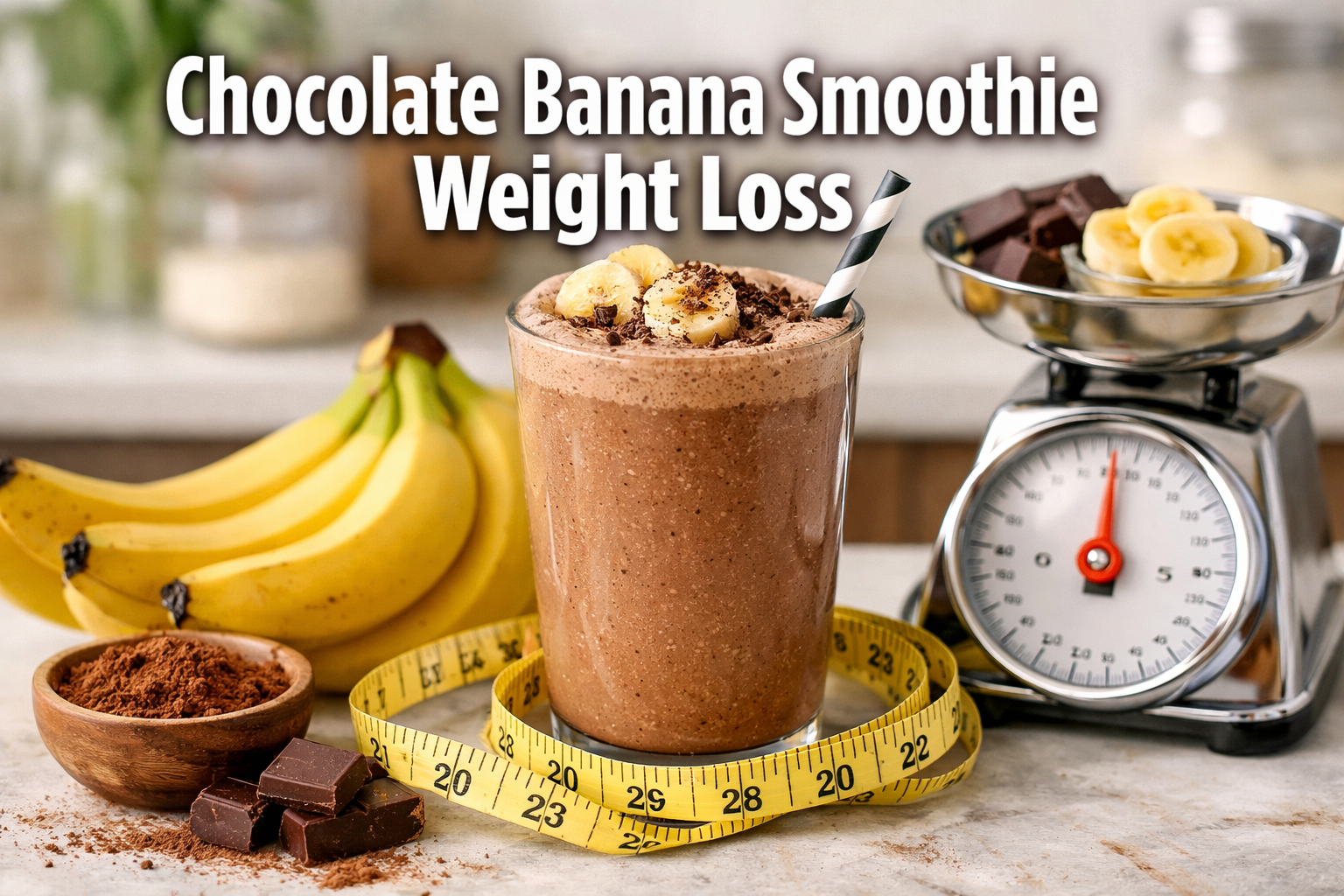 Professional landscape hero image (1536x1024) featuring bold text overlay 'Chocolate Banana Smoothie Weight Loss' in extra large 72pt white 