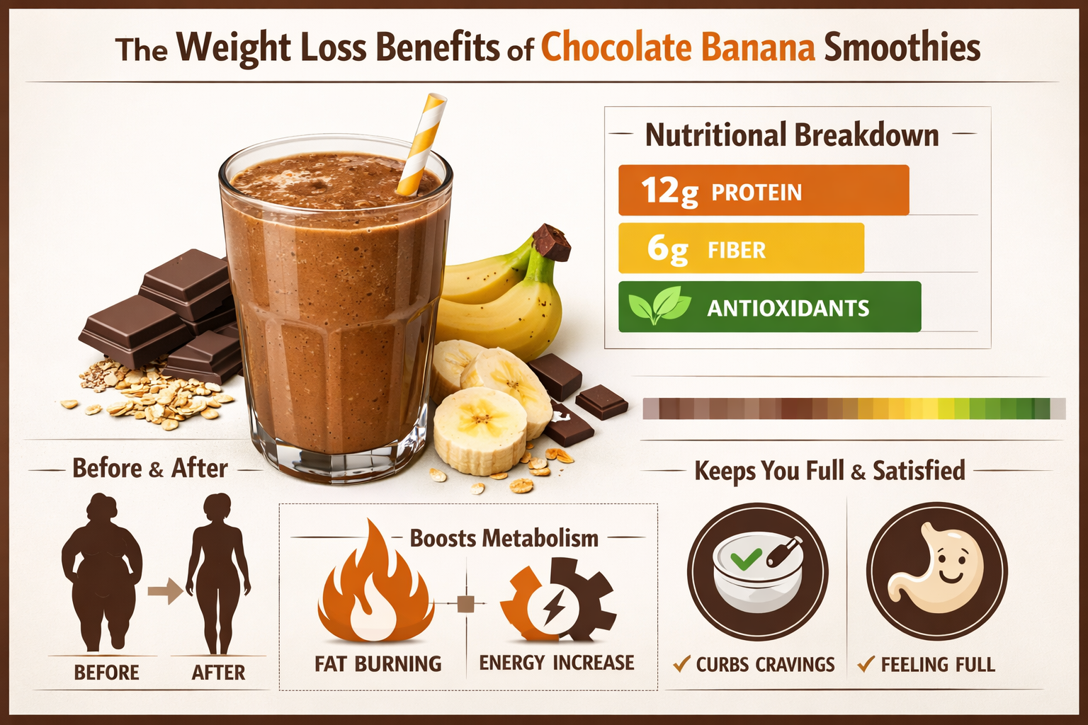 Detailed infographic showing weight loss benefits of chocolate banana smoothies with visual elements: glass of smoothie, nutritional breakdo