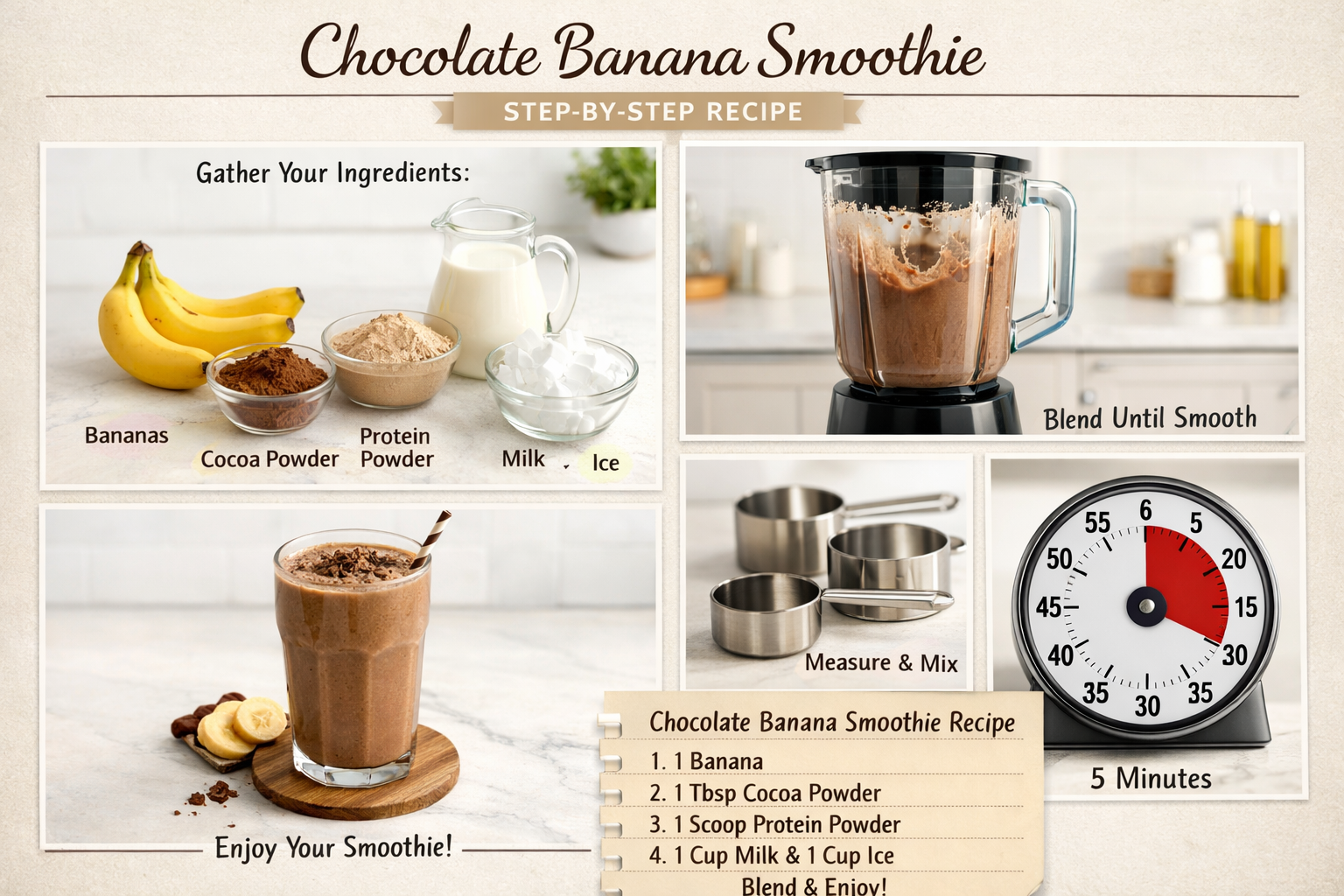 Step-by-step visual recipe guide showing chocolate banana smoothie preparation: ingredients laid out (bananas, cocoa powder, protein powder,