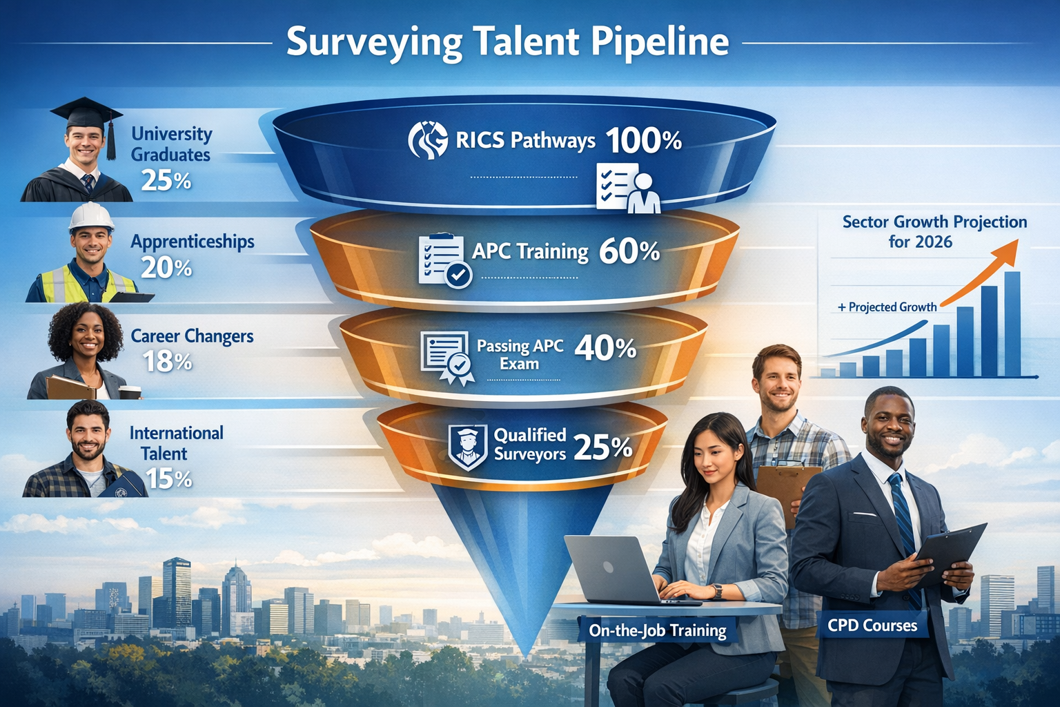 Detailed landscape format (1536x1024) infographic showing surveying talent pipeline funnel visualization with multiple entry points: univers
