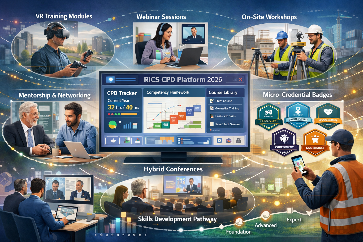 Comprehensive landscape format (1536x1024) illustration depicting continuing professional development ecosystem for surveyors in 2026. Centr