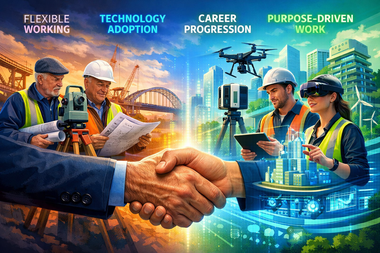 Dynamic landscape format (1536x1024) conceptual image showing generational bridge in surveying profession. Split composition: left side show