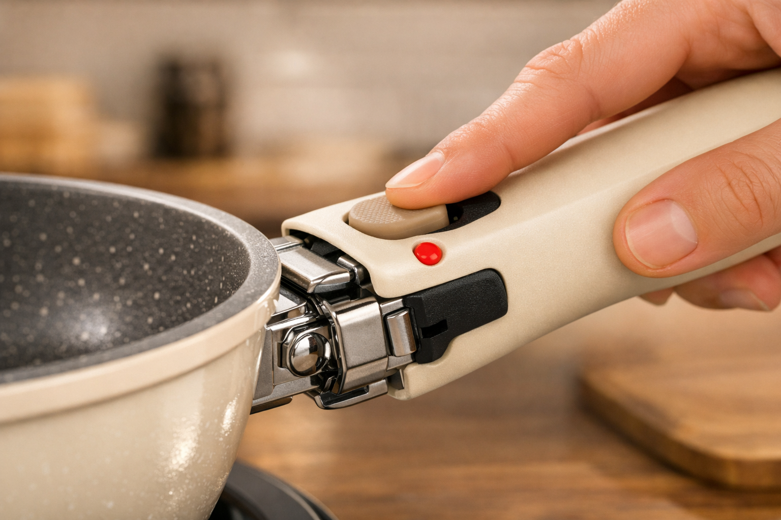 Landscape format (1536x1024) detailed close-up photograph showing the Carote removable handle mechanism in action, hand pressing the ergonom