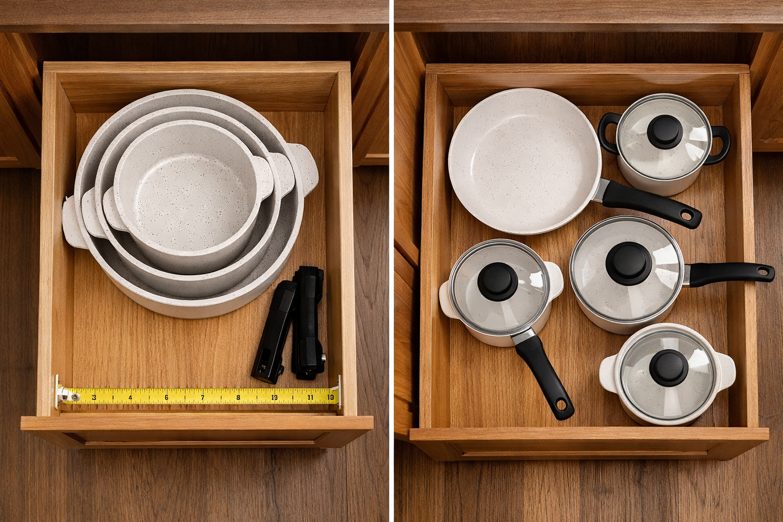 Landscape format (1536x1024) split-screen comparison image showing left side with Carote stackable pots and pans with handles removed fittin