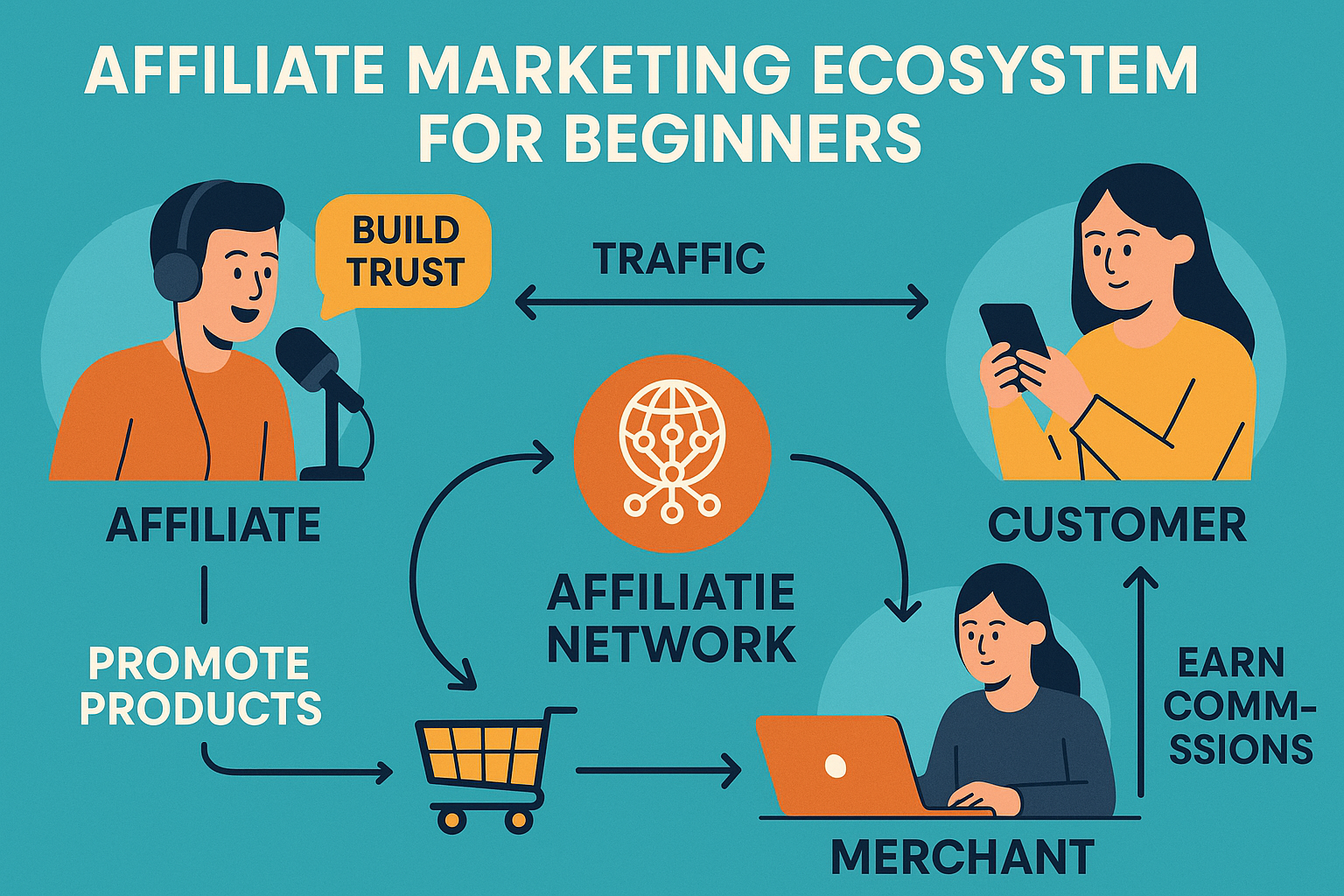A vibrant and engaging infographic in landscape format (1536x1024) illustrating the 'Affiliate Marketing Ecosystem for Beginners'. It should