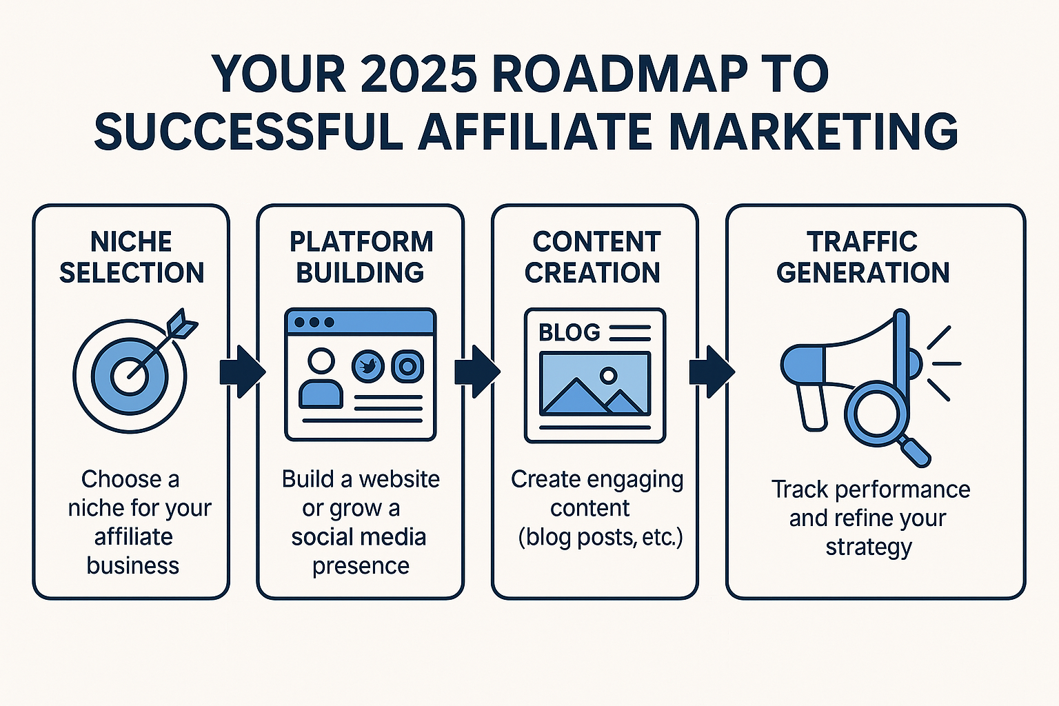 A detailed, step-by-step visual guide or flowchart in landscape format (1536x1024) titled 'Your 2025 Roadmap to Successful Affiliate Marketi