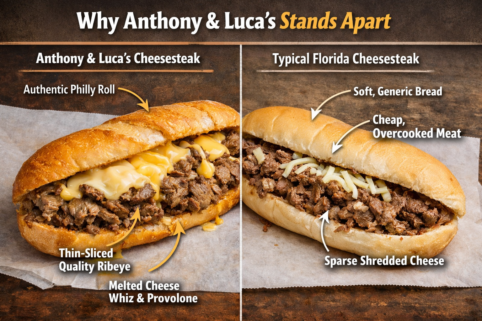 Landscape format (1536x1024) comparison image showing Anthony & Luca's cheesesteak versus typical Florida cheesesteak, side-by-side presenta