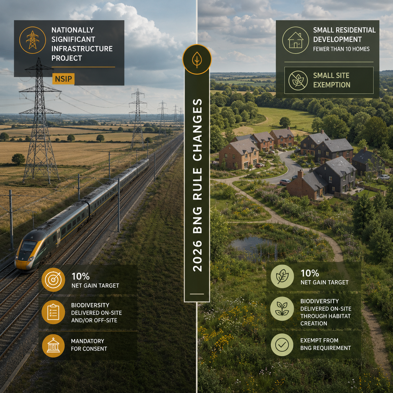 () editorial illustration showing a split-scene comparison: left side depicts a large nationally significant infrastructure