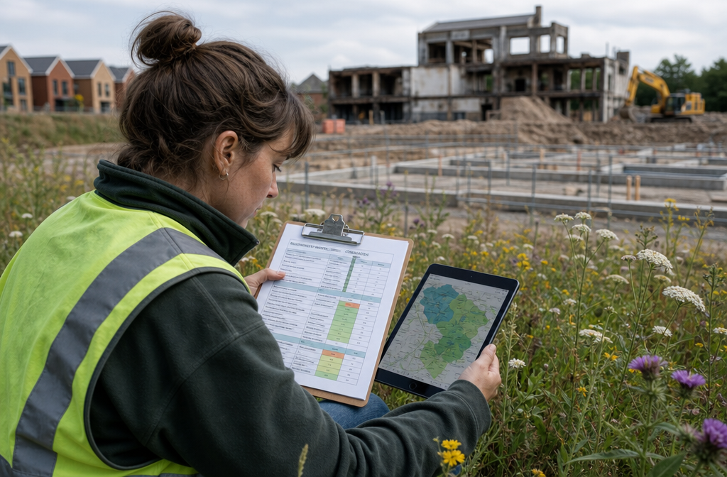() close-up editorial image of an ecologist in high-visibility vest crouching in a wildflower meadow on a brownfield site in