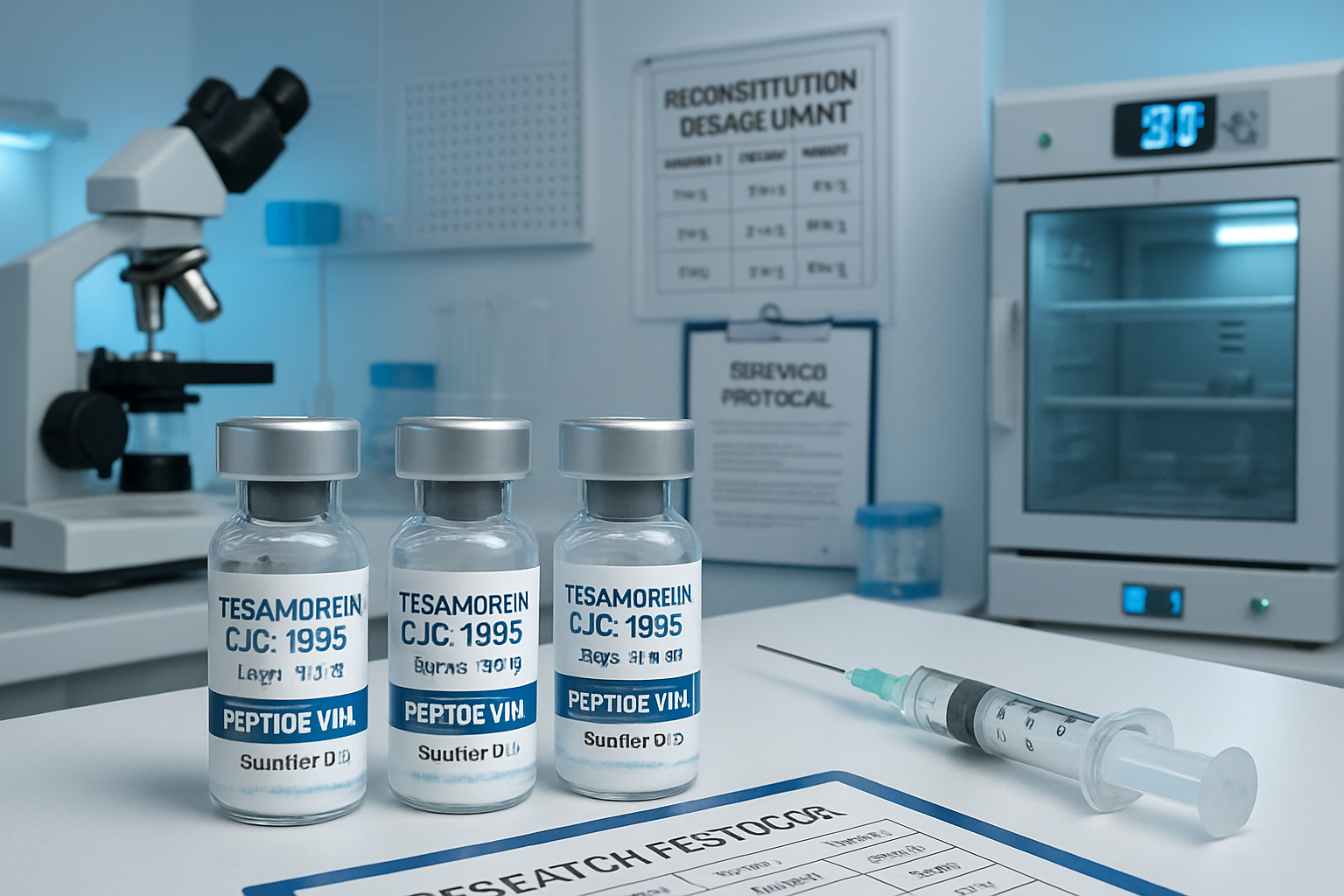 Professional research laboratory scene showing peptide vials labeled with tesa CJC1295 combinations, precision measuring equipment, r