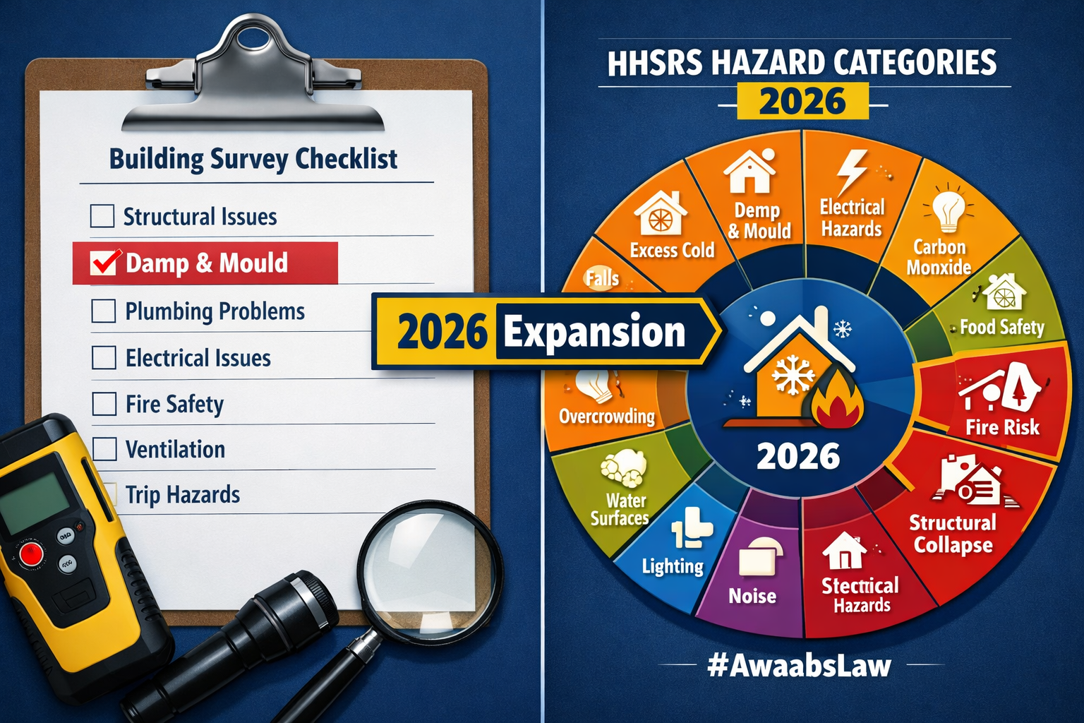 Wide-angle () editorial image showing a split-scene comparison: left side depicts a traditional building survey clipboard