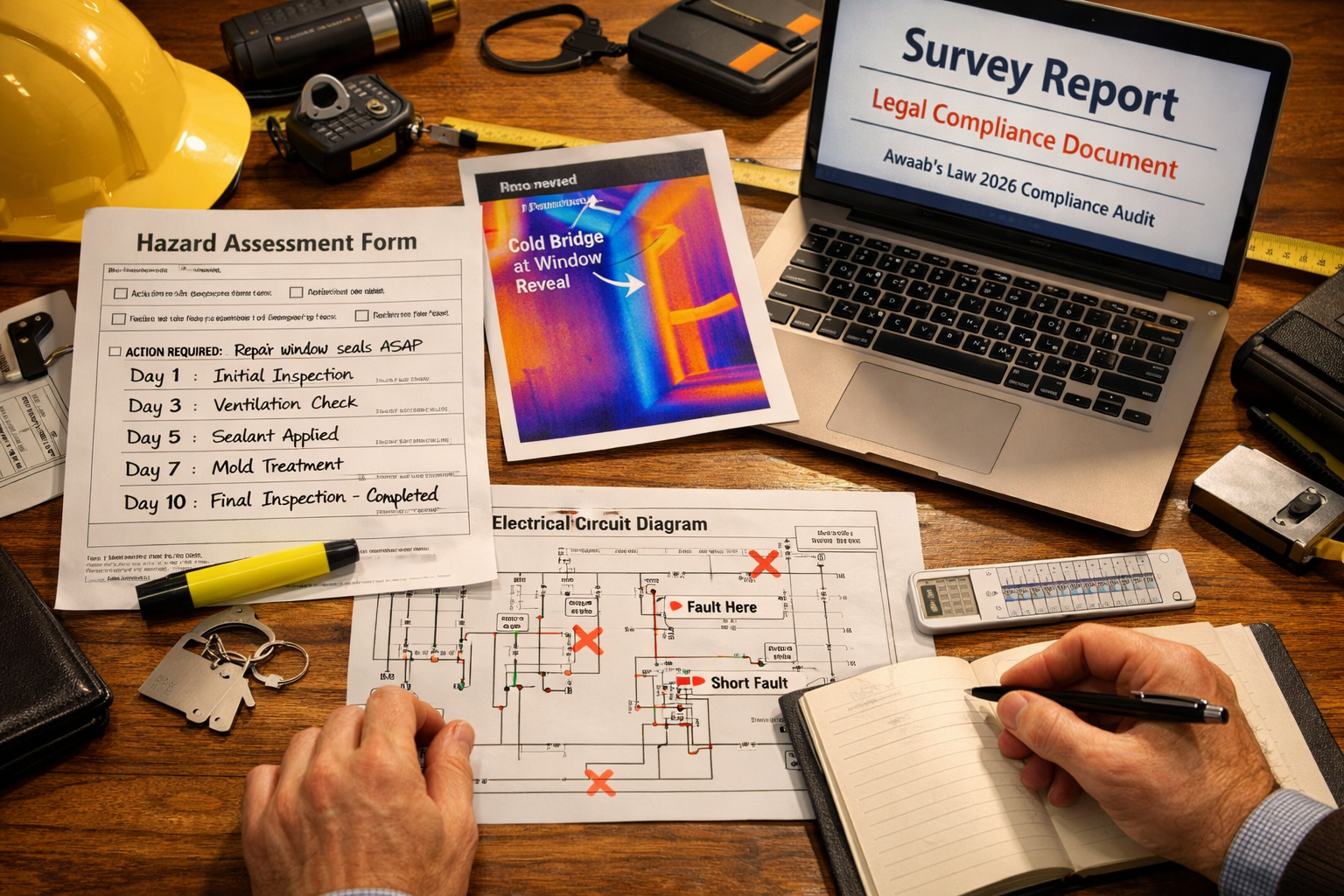 Detailed () showing a close-up bird's-eye view of a surveyor's inspection table with spread-out technical documents: a